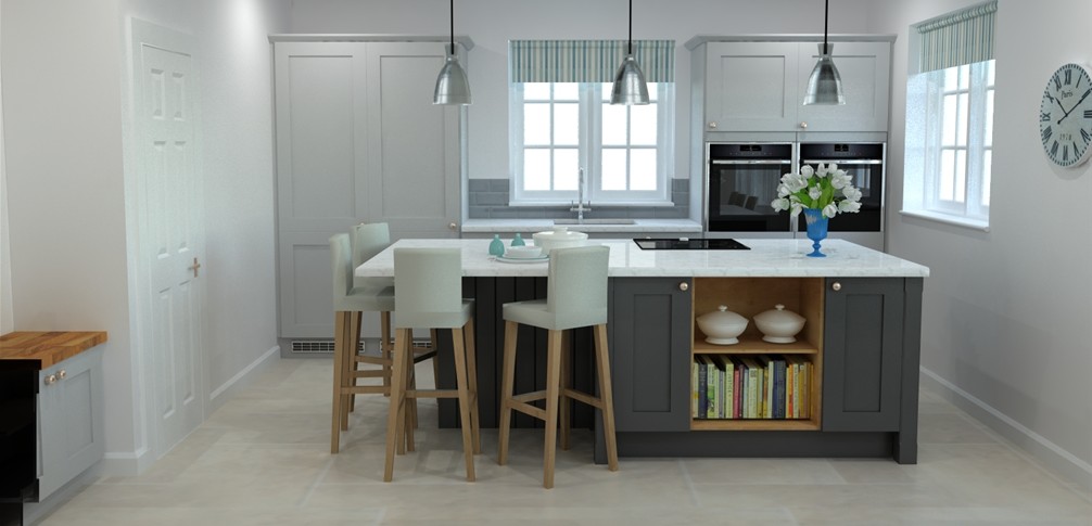 3D CAD design of a kitchen with a dark painted island, open bookshelf end and bar stools
