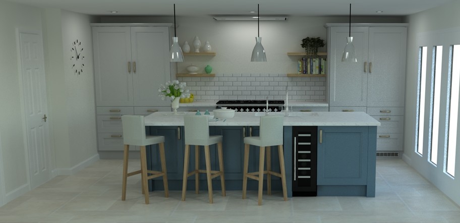 3D CAD design of a kitchen with a blue island, wine cooler and open shelves