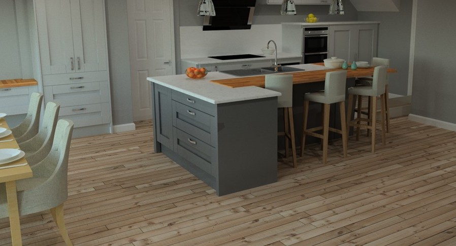 3D CAD design of an island with a breakfast bar beside a dining table